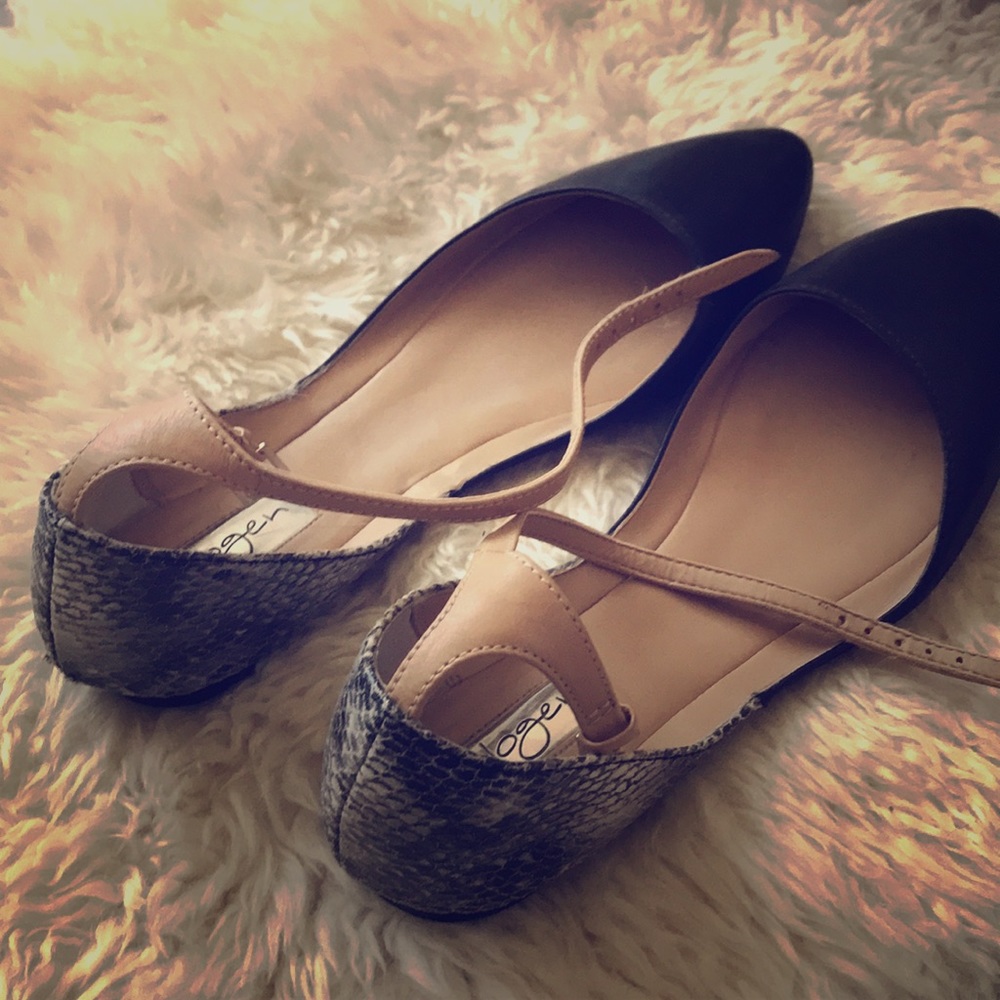 Halogen black strap flats with snakeskin pattern